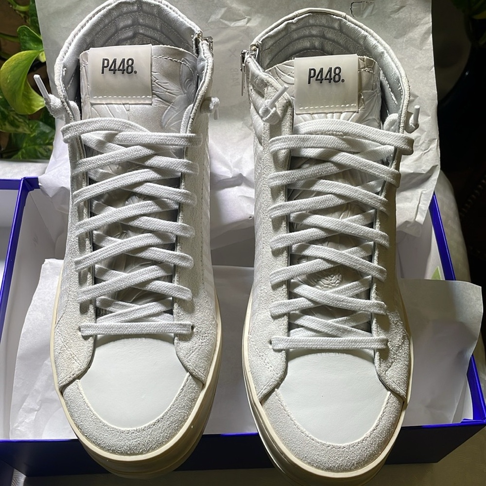 New In Box P448 Skate High Top Sneakers in Peony (White with Silver) Size 40 EU